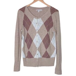 Metallic Threads and Rhinestone Buttons Argyle Cardigan - Size L